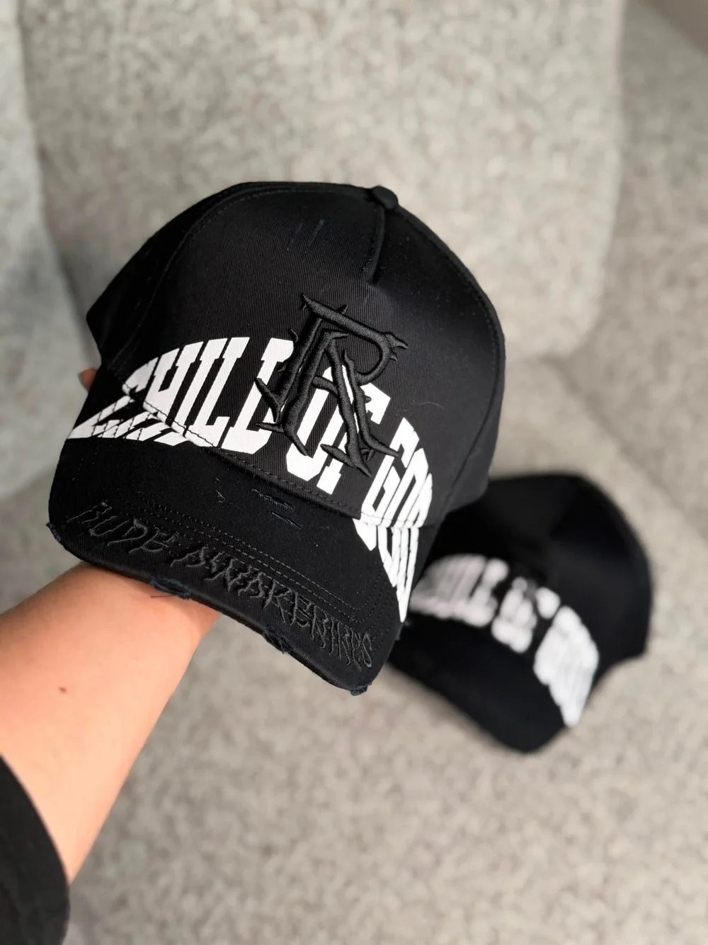 Black Graphic Baseball Cap with Embroidered Logo